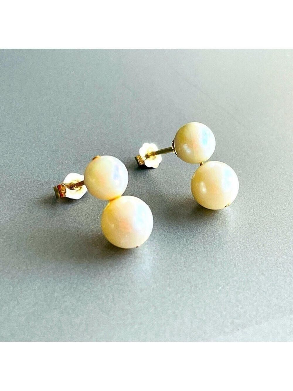 14k Yellow Gold Double White Natural Pearl Vintage Stud Earrings